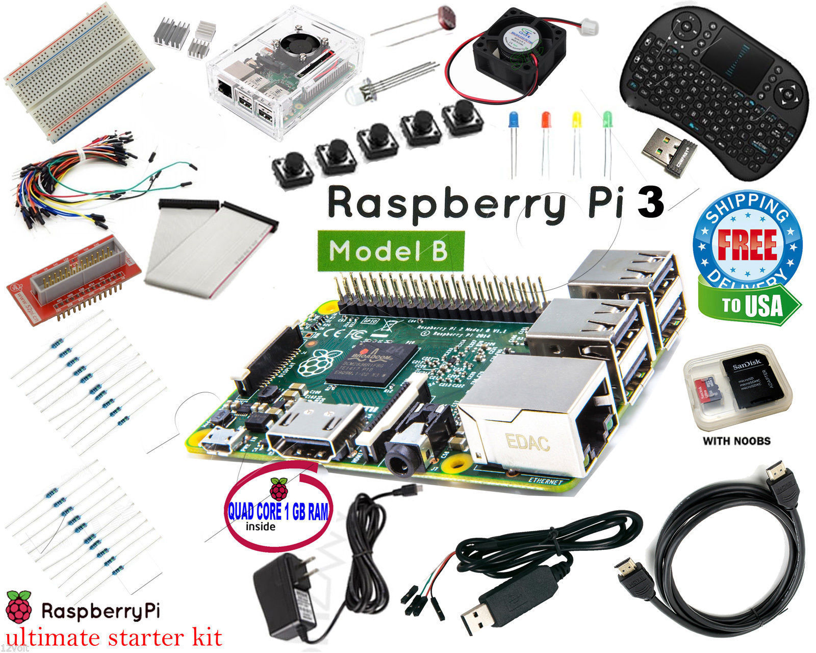 Raspberry Pi 3 Ultimate Starter Kit Wifi HDMI, Breadboard 8GB micro SD Card Class 10 with NOOBS